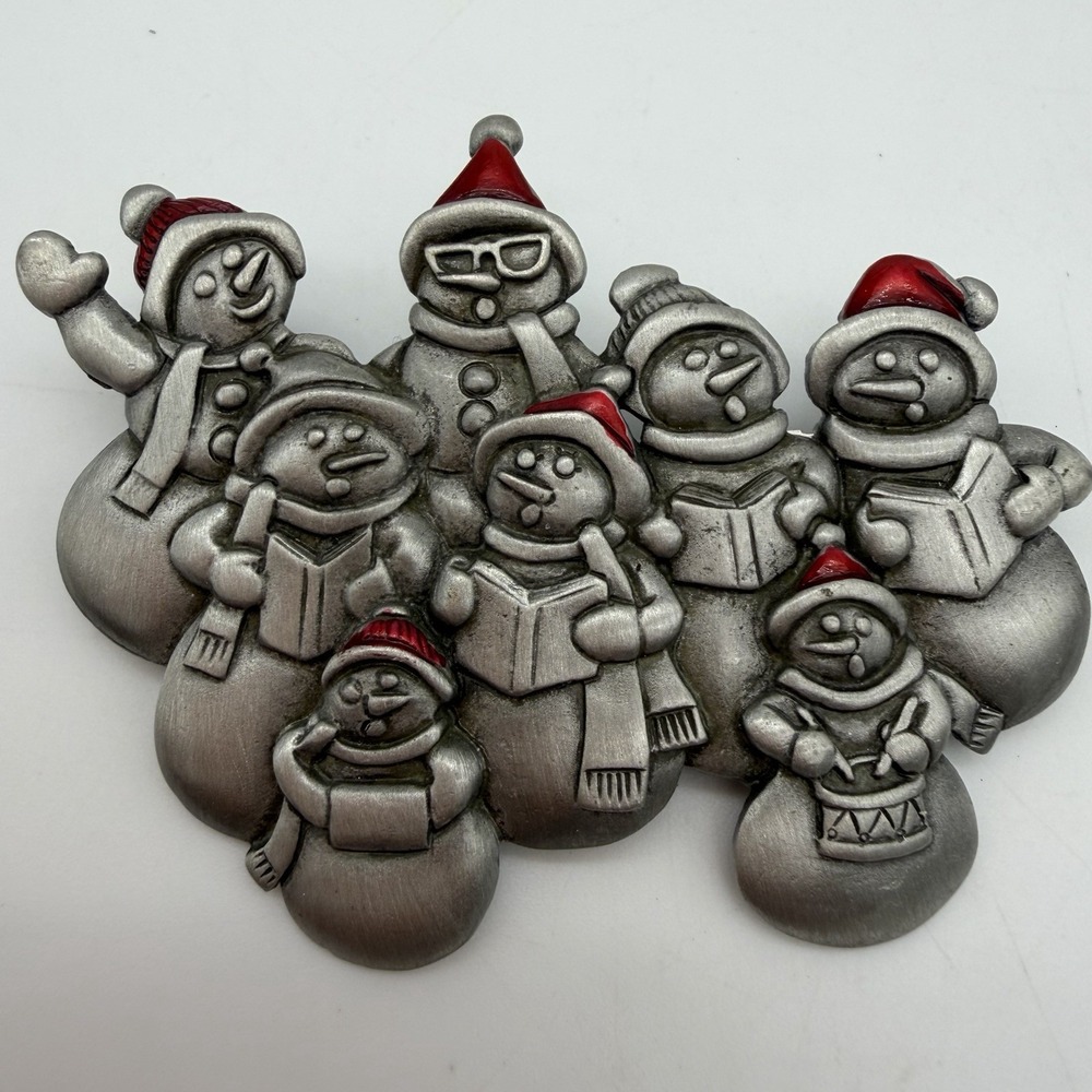 Vintage Signed JJ Jonette Christmas Brooch Pin Snowman Caroling Large